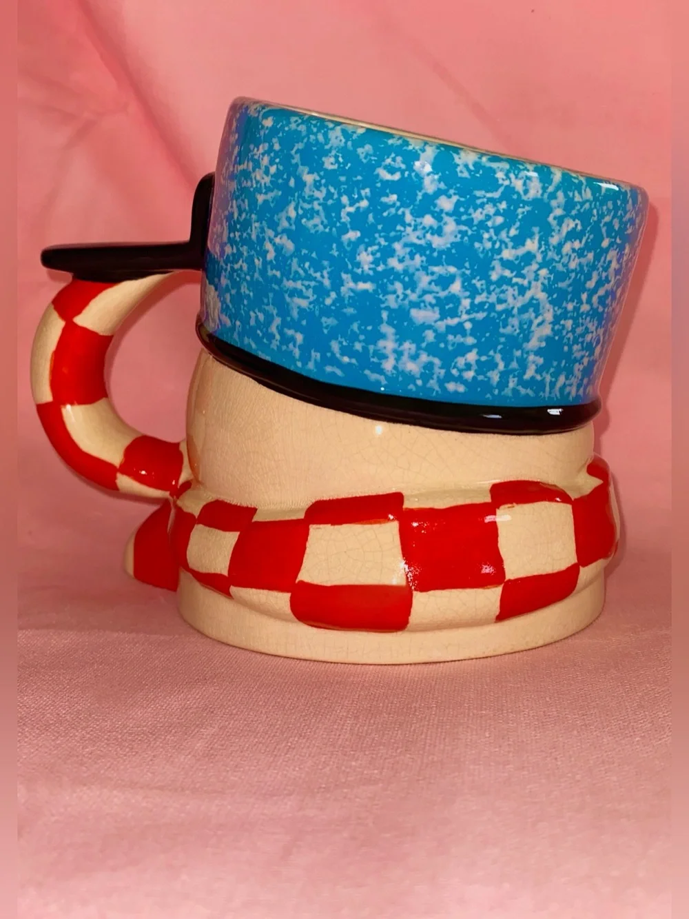 Mitford Hallmark & Jan Karon Snowman Mug Checkerboard Red Blue Hat Christmas Cup